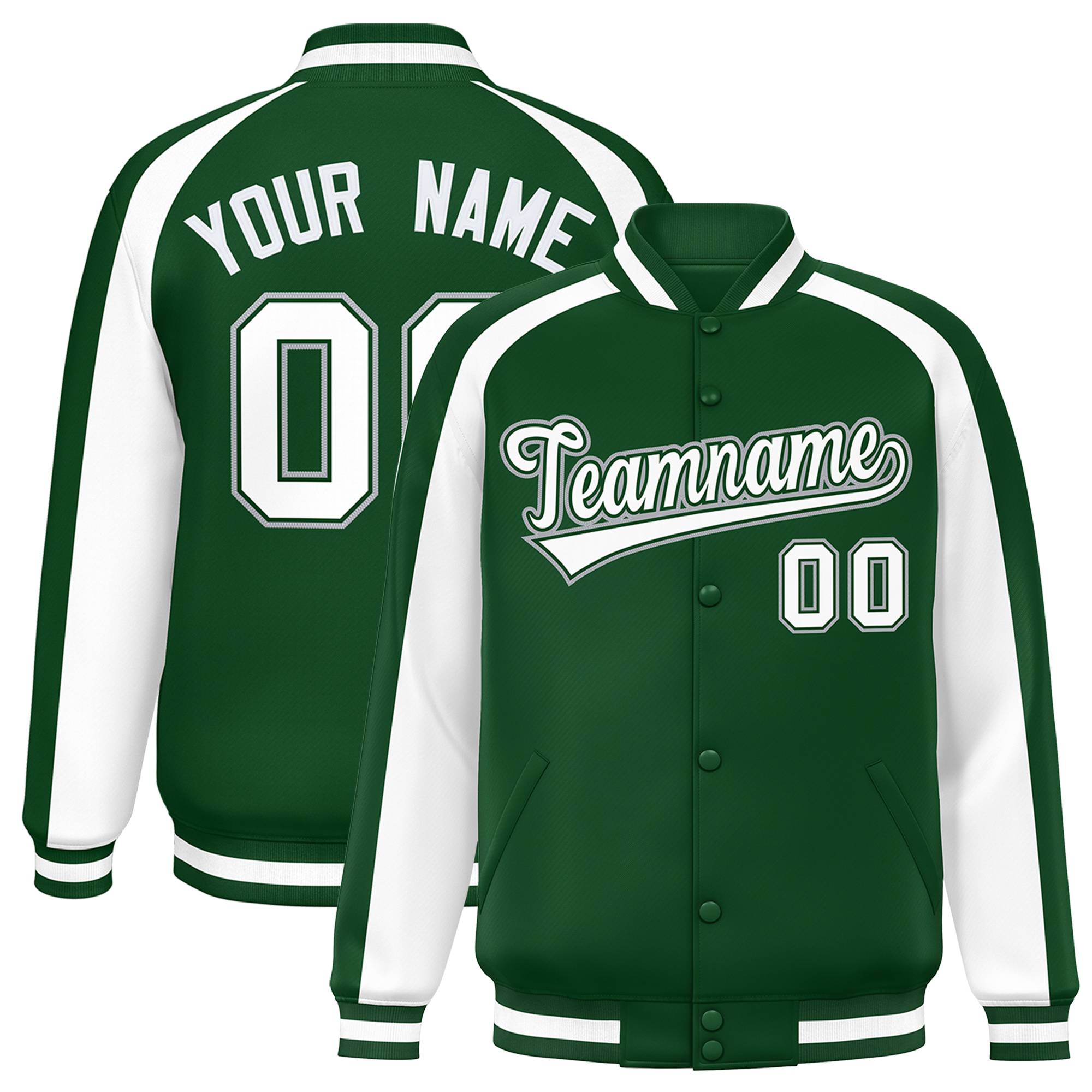 Custom Green White Varsity Full-Snap Color Block Personalized Raglan Sleeves Letterman Jacket