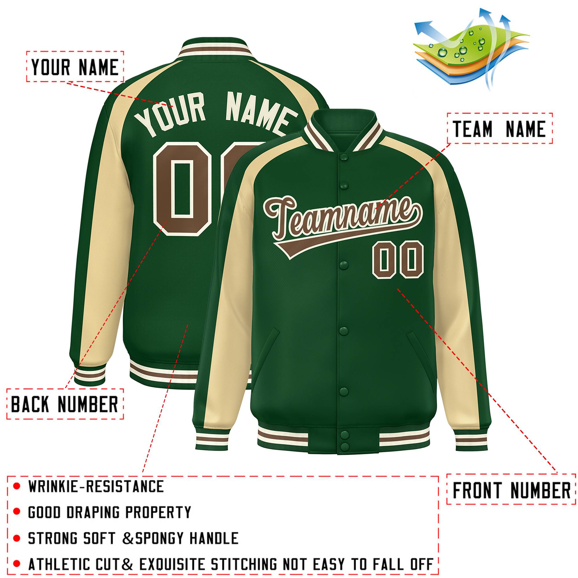 Custom Green Khaki Varsity Full-Snap Color Block Personalized Raglan Sleeves Letterman Jacket