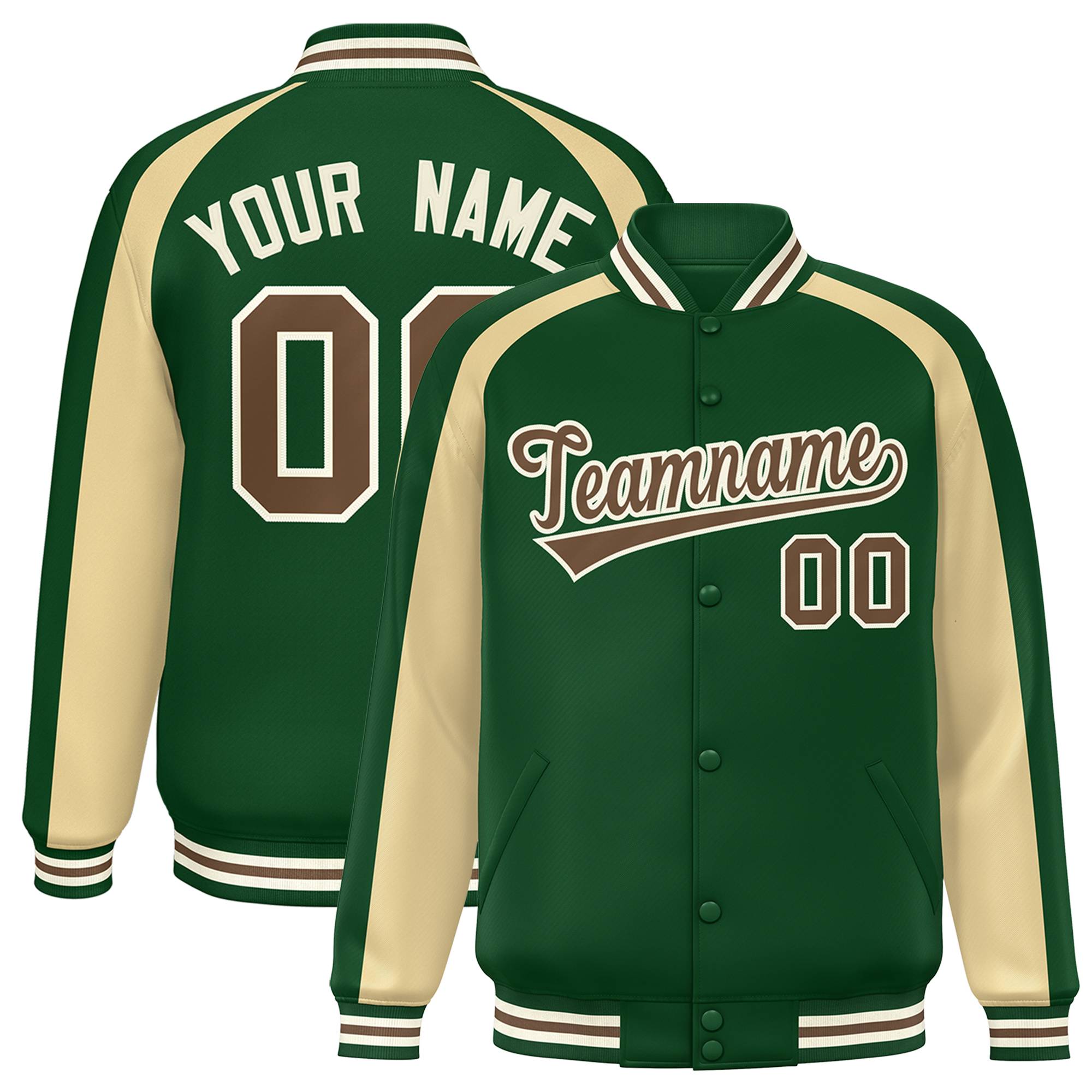 Custom Green Khaki Varsity Full-Snap Color Block Personalized Raglan Sleeves Letterman Jacket