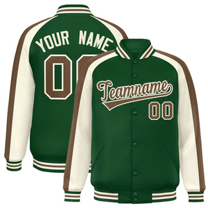 Custom Green Cream Varsity Full-Snap Color Block Personalized Raglan Sleeves Letterman Jacket