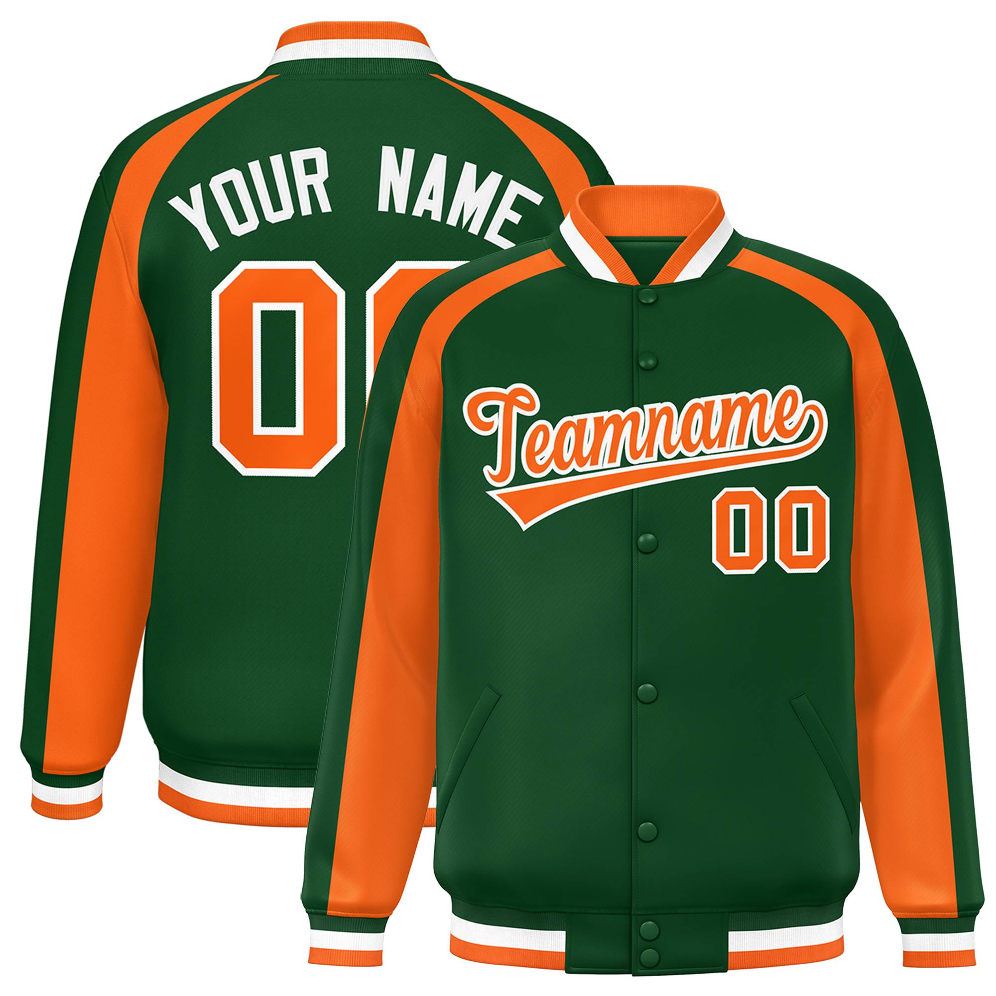 Custom Green Orange Varsity Full-Snap Color Block Personalized Raglan Sleeves Letterman Jacket