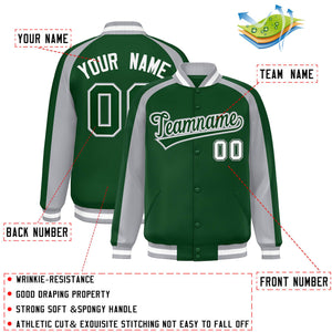 Custom Green Gray Varsity Full-Snap Color Block Personalized Raglan Sleeves Letterman Jacket