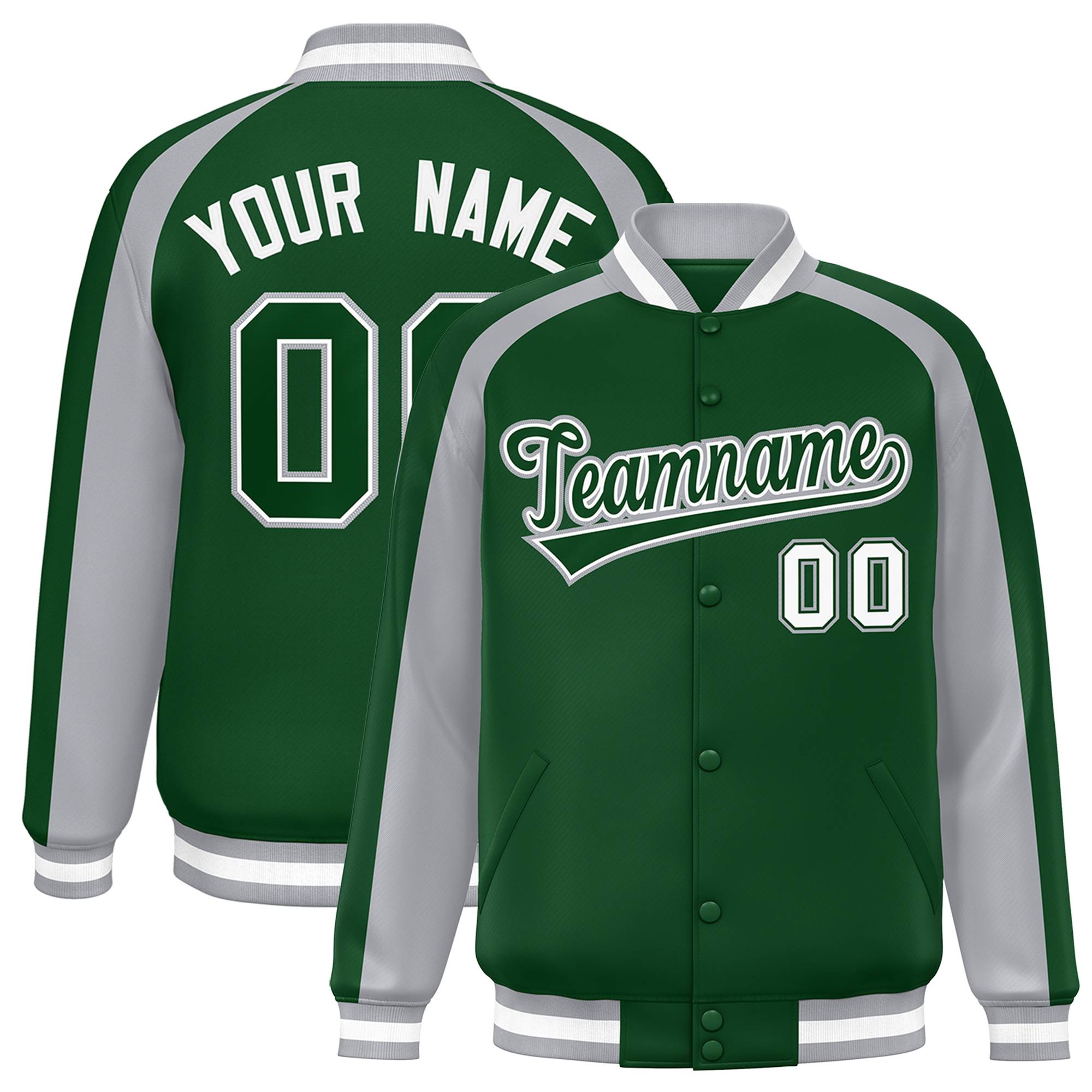 Custom Green Gray Varsity Full-Snap Color Block Personalized Raglan Sleeves Letterman Jacket