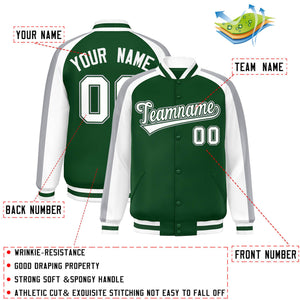 Custom Green White Varsity Full-Snap Color Block Personalized Raglan Sleeves Letterman Jacket