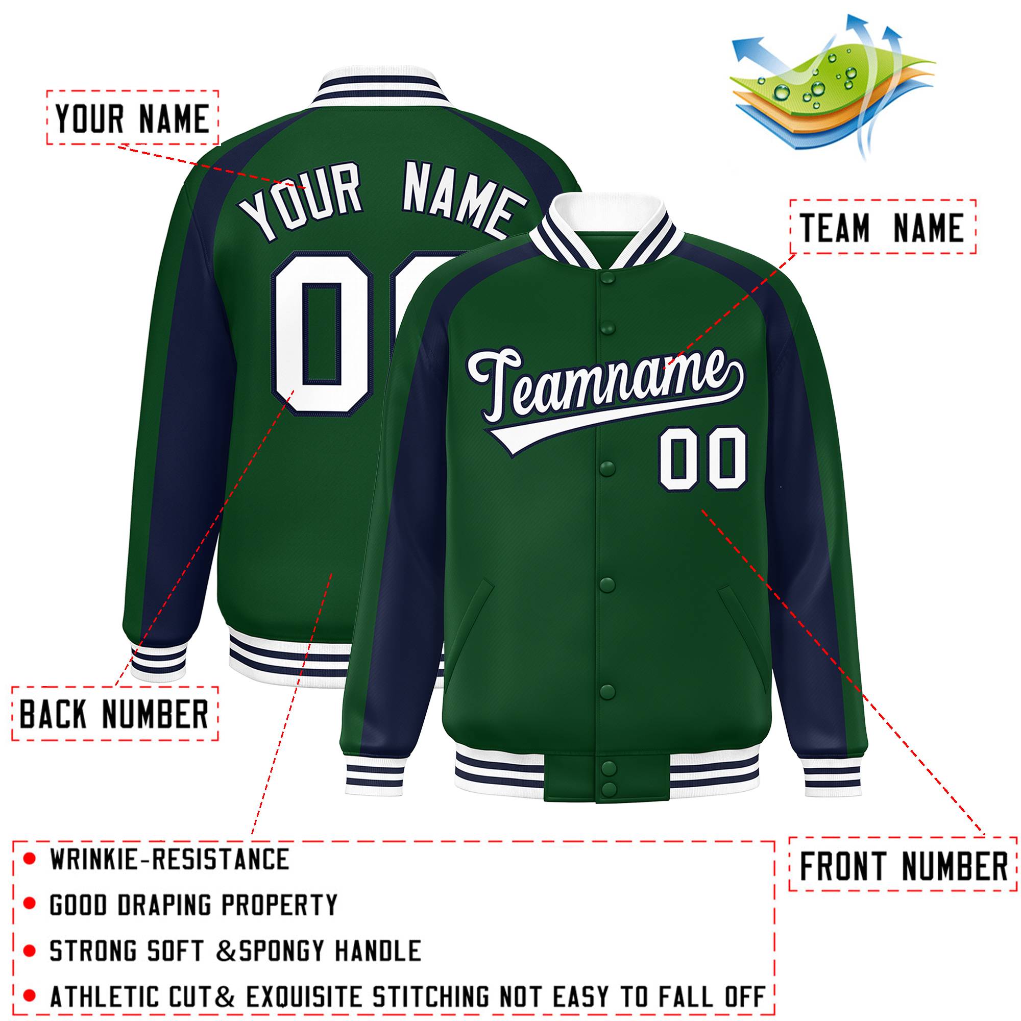 Custom Green Navy Varsity Full-Snap Color Block Personalized Raglan Sleeves Letterman Jacket