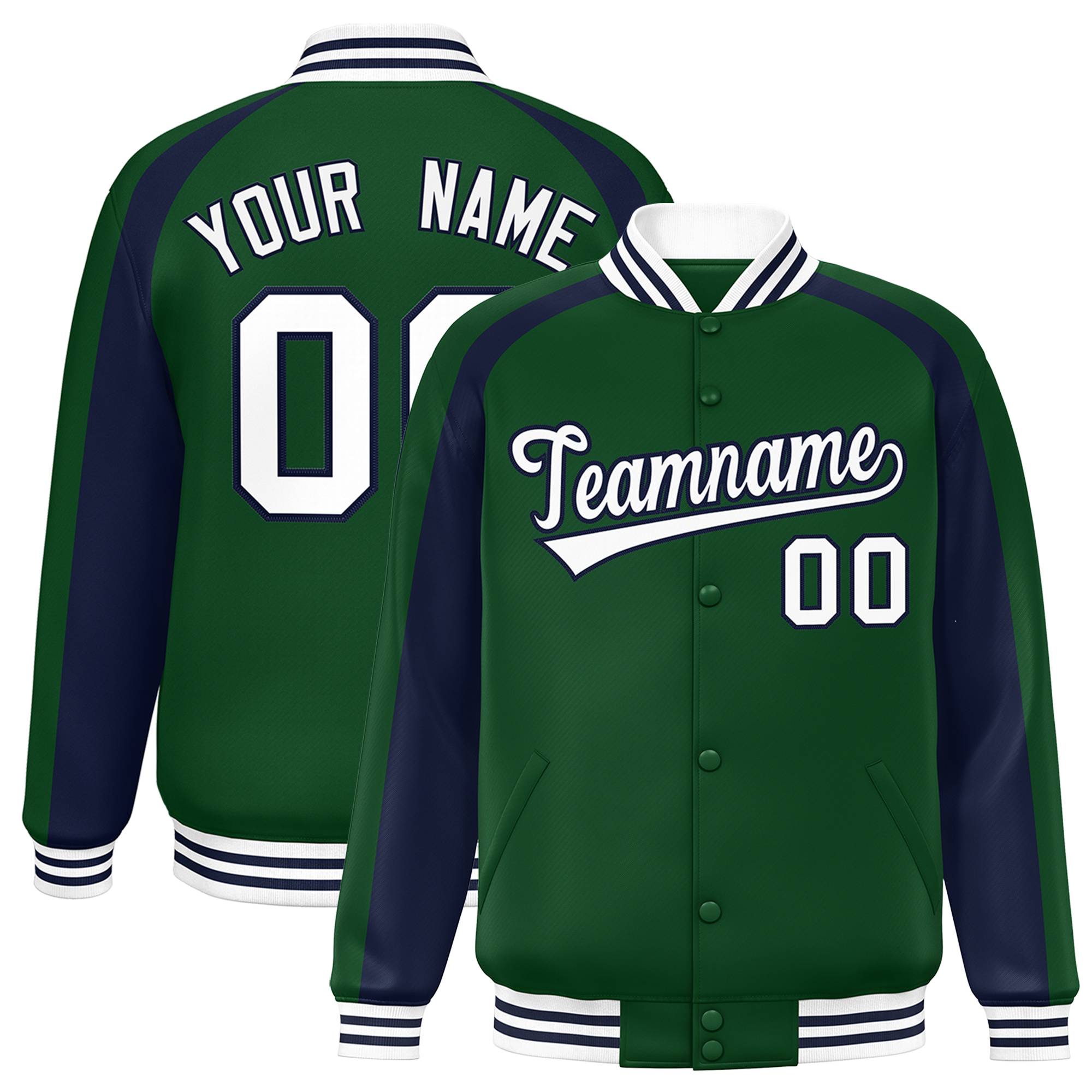 Custom Green Navy Varsity Full-Snap Color Block Personalized Raglan Sleeves Letterman Jacket