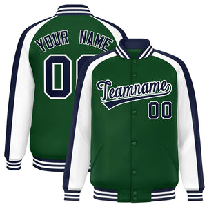 Custom Green White Varsity Full-Snap Color Block Personalized Raglan Sleeves Letterman Jacket