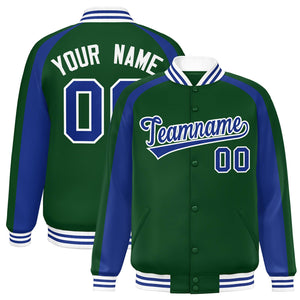 Custom Green Royal Varsity Full-Snap Color Block Personalized Raglan Sleeves Letterman Jacket