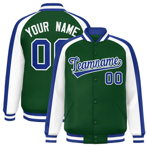 Custom Green White Varsity Full-Snap Color Block Personalized Raglan Sleeves Letterman Jacket