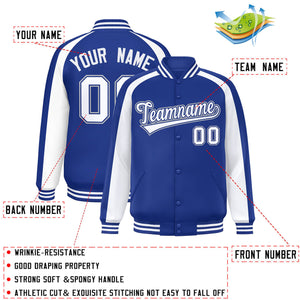 Custom Royal White Varsity Full-Snap Color Block Personalized Raglan Sleeves Letterman Jacket