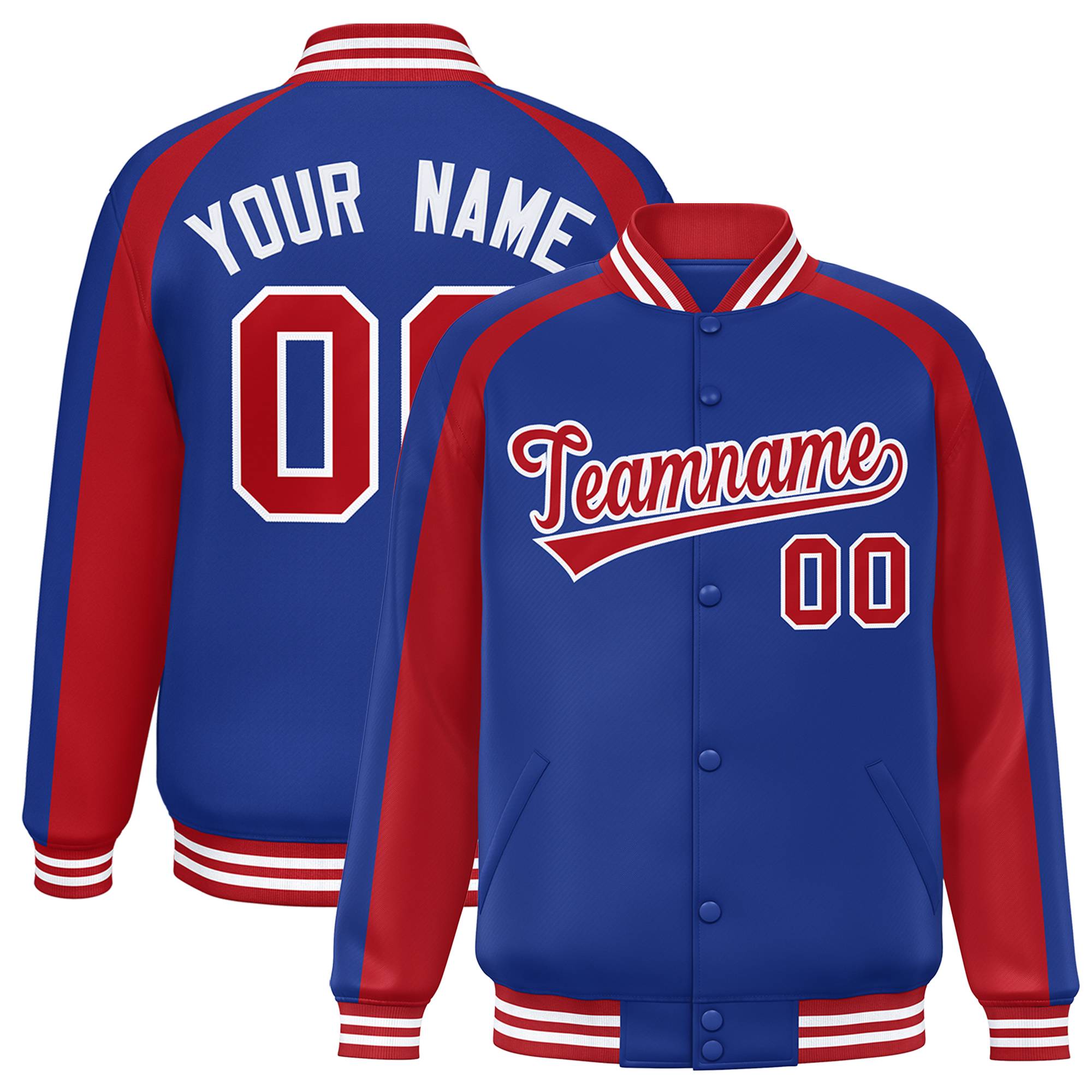 Custom Royal Red Varsity Full-Snap Color Block Personalized Raglan Sleeves Letterman Jacket