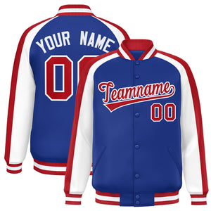 Custom Royal White Varsity Full-Snap Color Block Personalized Raglan Sleeves Letterman Jacket