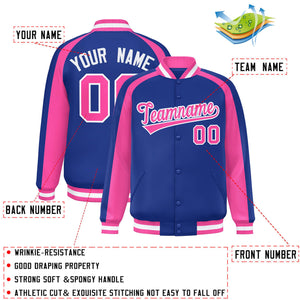 Custom Royal Pink Varsity Full-Snap Color Block Personalized Raglan Sleeves Letterman Jacket