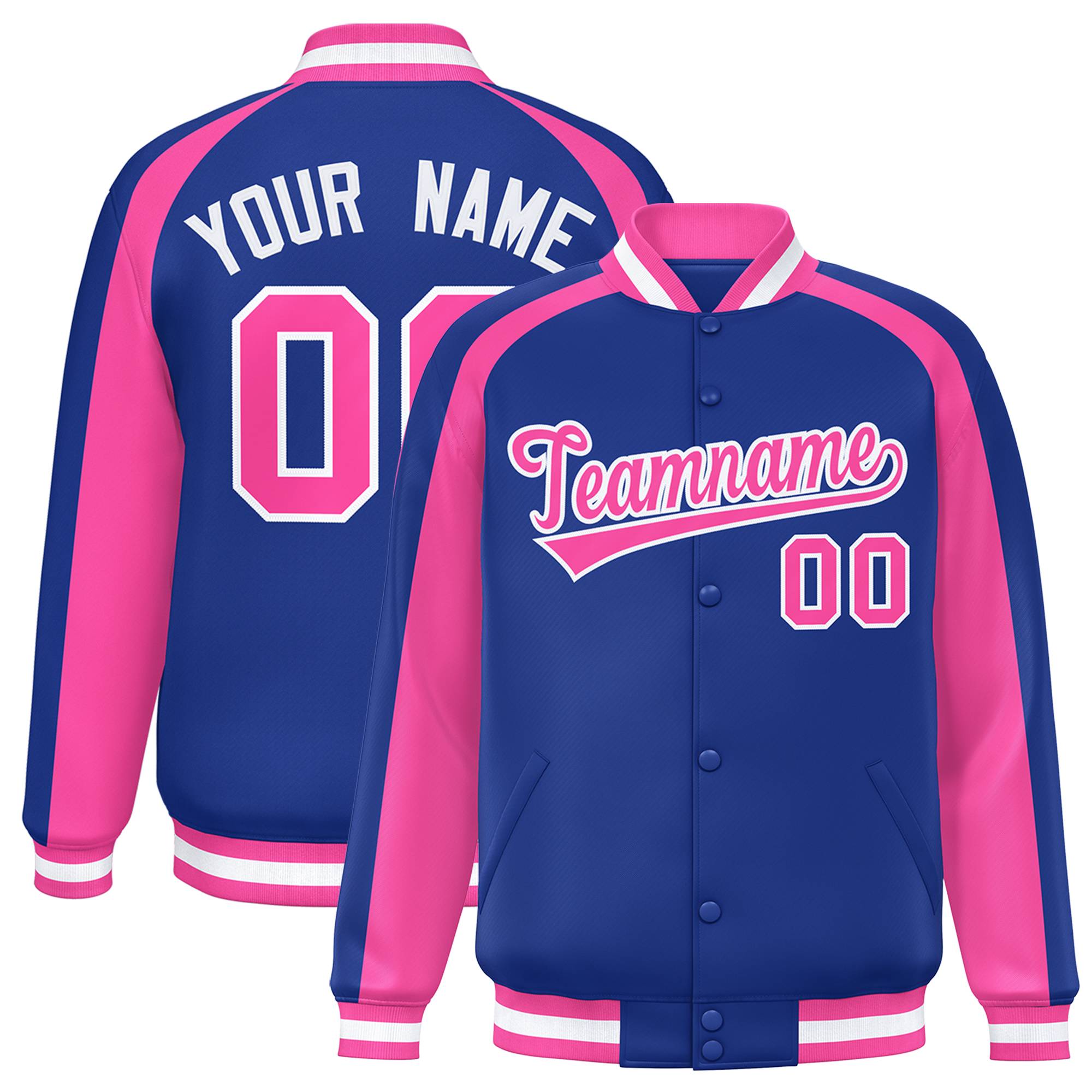 Custom Royal Pink Varsity Full-Snap Color Block Personalized Raglan Sleeves Letterman Jacket