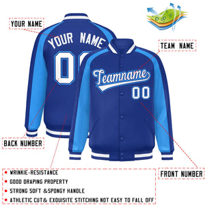 Custom Royal Powder Blue Varsity Full-Snap Color Block Personalized Raglan Sleeves Letterman Jacket