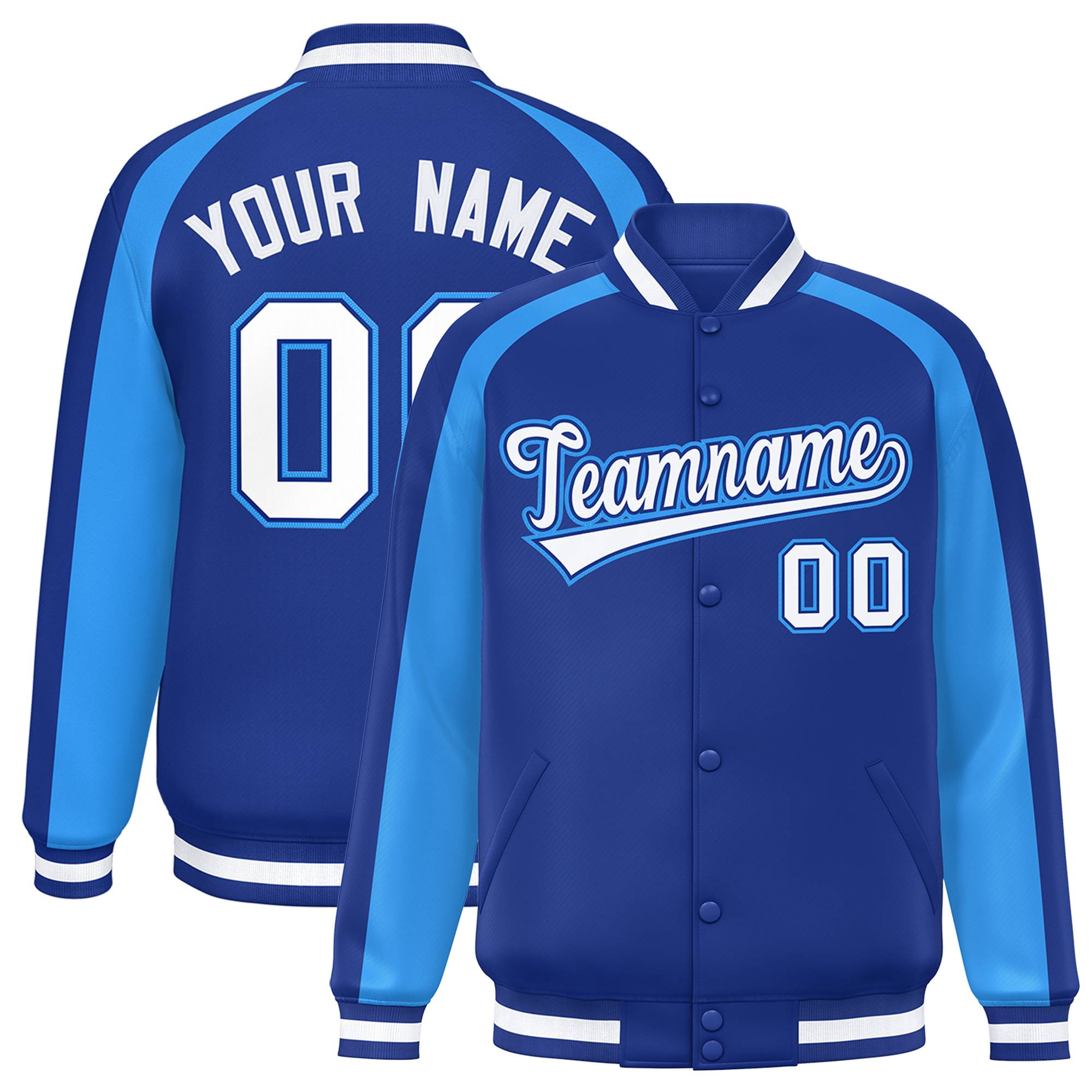 Custom Royal Powder Blue Varsity Full-Snap Color Block Personalized Raglan Sleeves Letterman Jacket