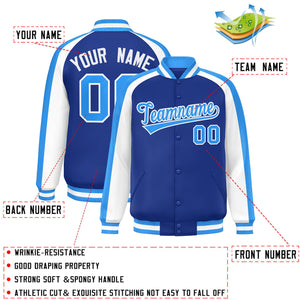 Custom Royal White Varsity Full-Snap Color Block Personalized Raglan Sleeves Letterman Jacket