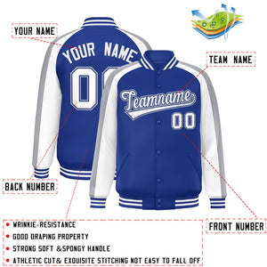 Custom Royal White Varsity Full-Snap Color Block Personalized Raglan Sleeves Letterman Jacket