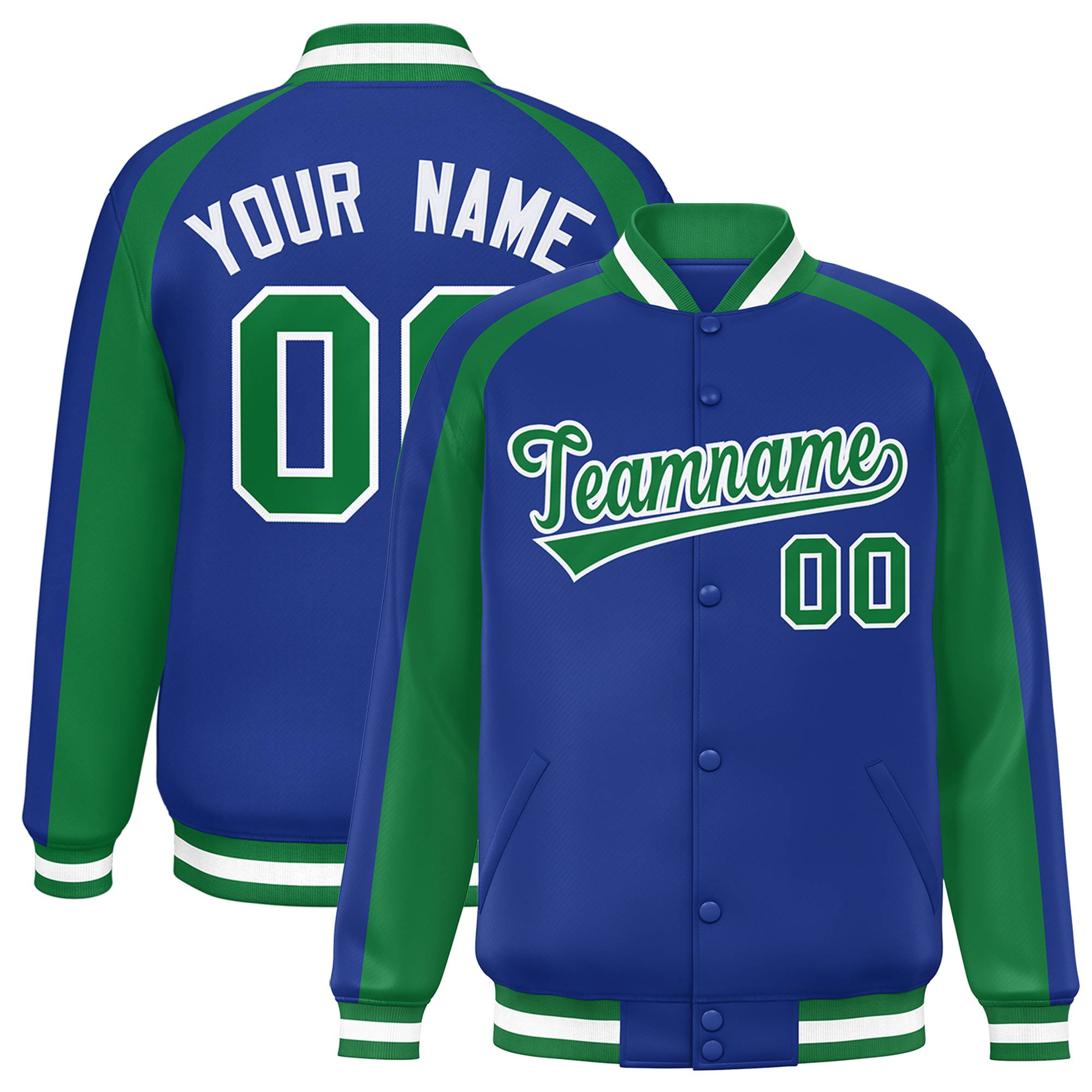 Custom Royal Kelly Green Varsity Full-Snap Color Block Personalized Raglan Sleeves Letterman Jacket