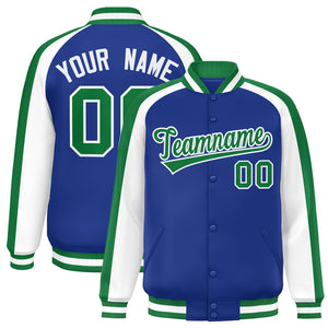 Custom Royal White Varsity Full-Snap Color Block Personalized Raglan Sleeves Letterman Jacket