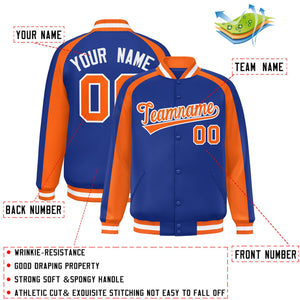 Custom Royal Orange Varsity Full-Snap Color Block Personalized Raglan Sleeves Letterman Jacket