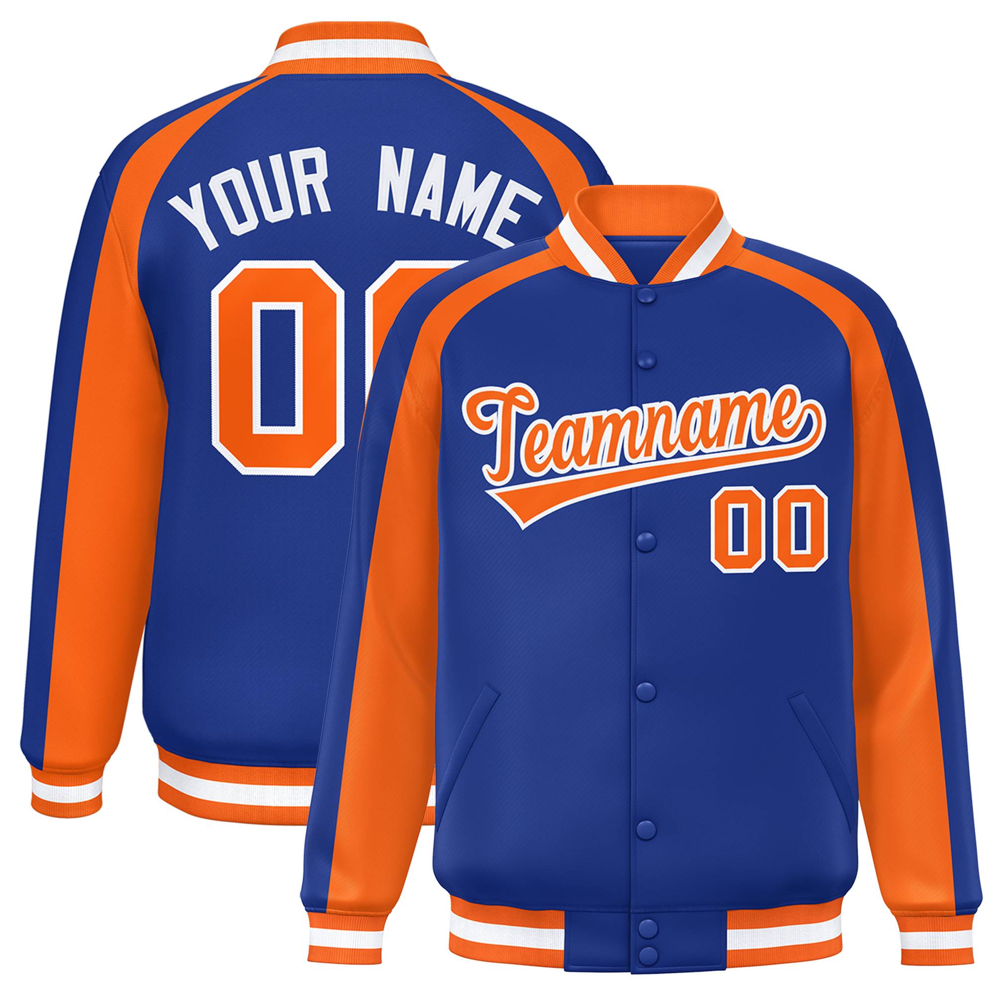 Custom Royal Orange Varsity Full-Snap Color Block Personalized Raglan Sleeves Letterman Jacket