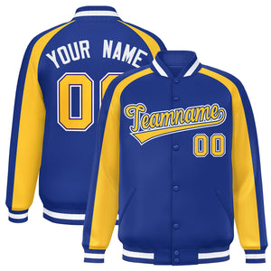 Custom Royal Gold Varsity Full-Snap Color Block Personalized Raglan Sleeves Letterman Jacket