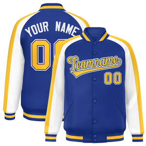 Custom Royal White Varsity Full-Snap Color Block Personalized Raglan Sleeves Letterman Jacket