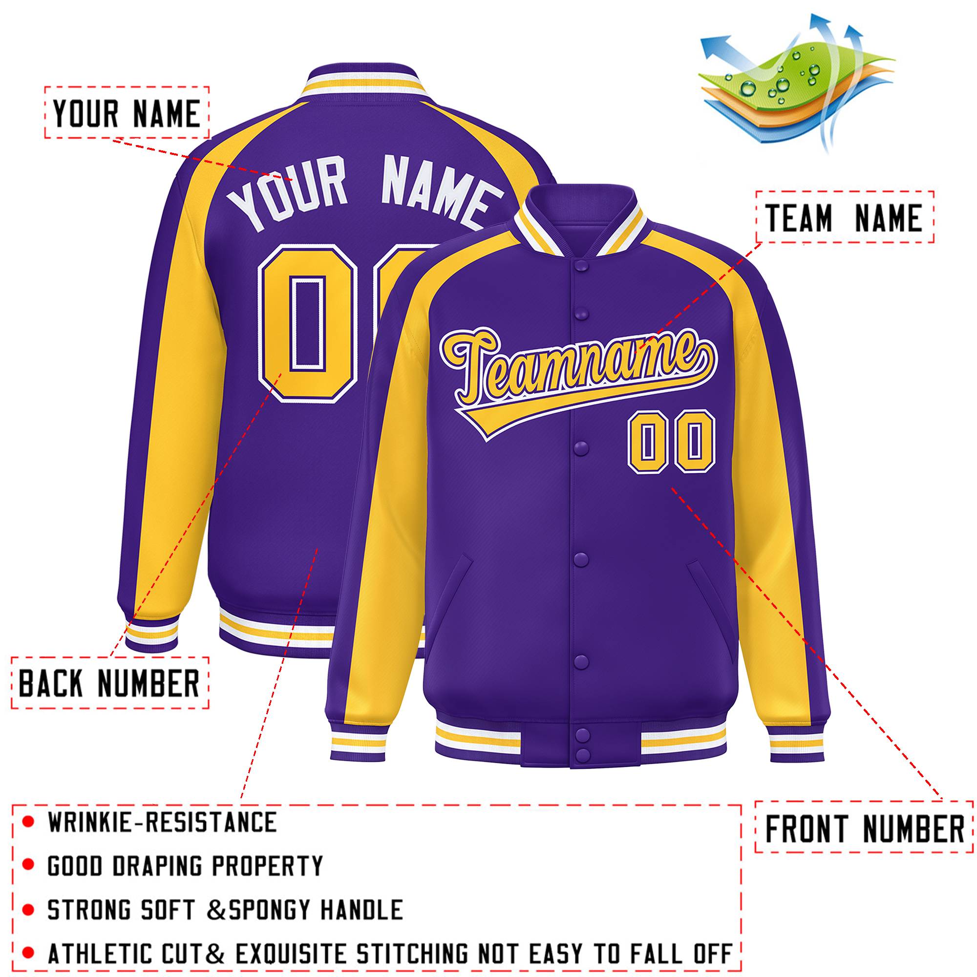 Custom Purple Gold Varsity Full-Snap Color Block Personalized Raglan Sleeves Letterman Jacket