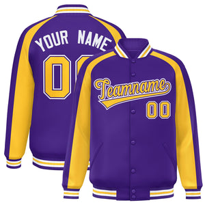 Custom Purple Gold Varsity Full-Snap Color Block Personalized Raglan Sleeves Letterman Jacket