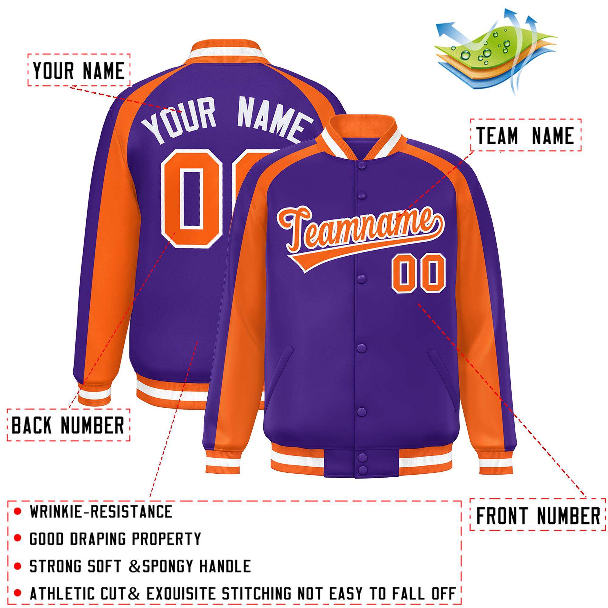 Custom Purple Orange Varsity Full-Snap Color Block Personalized Raglan Sleeves Letterman Jacket