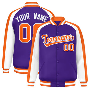 Custom Purple White Varsity Full-Snap Color Block Personalized Raglan Sleeves Letterman Jacket