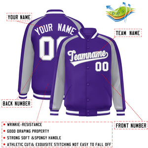 Custom Purple Gray Varsity Full-Snap Color Block Personalized Raglan Sleeves Letterman Jacket