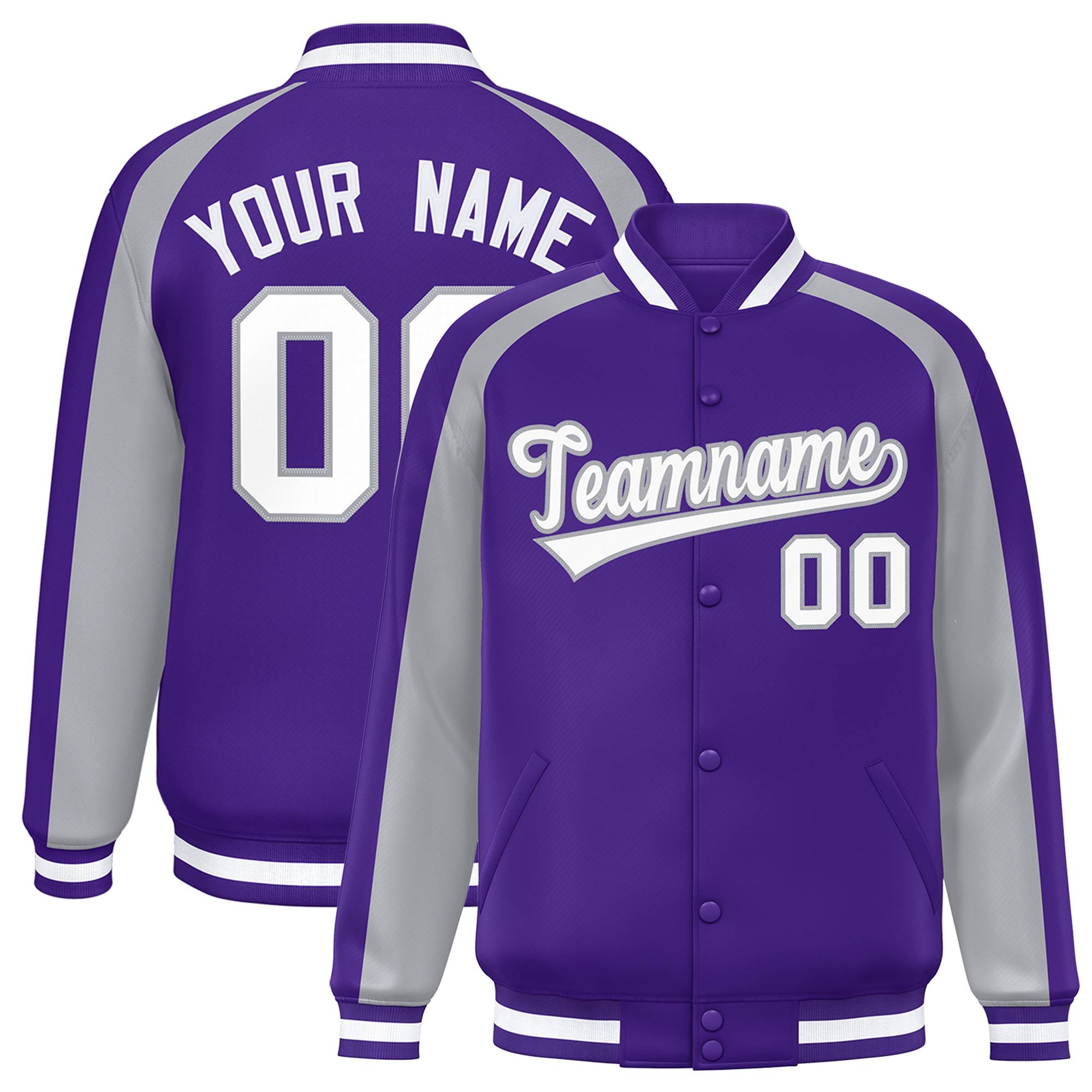 Custom Purple Gray Varsity Full-Snap Color Block Personalized Raglan Sleeves Letterman Jacket