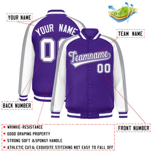 Custom Purple White Varsity Full-Snap Color Block Personalized Raglan Sleeves Letterman Jacket