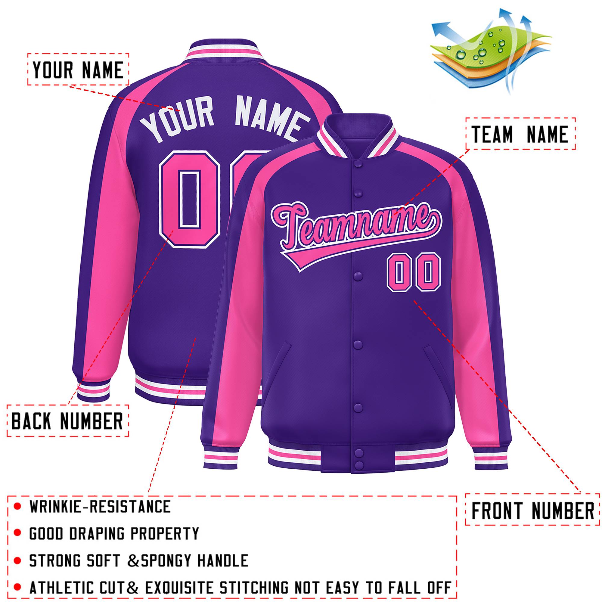 Custom Purple Pink Varsity Full-Snap Color Block Personalized Raglan Sleeves Letterman Jacket