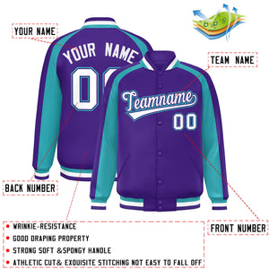 Custom Purple Aqua Varsity Full-Snap Color Block Personalized Raglan Sleeves Letterman Jacket