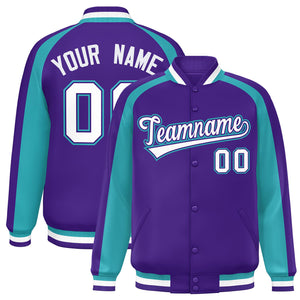 Custom Purple Aqua Varsity Full-Snap Color Block Personalized Raglan Sleeves Letterman Jacket