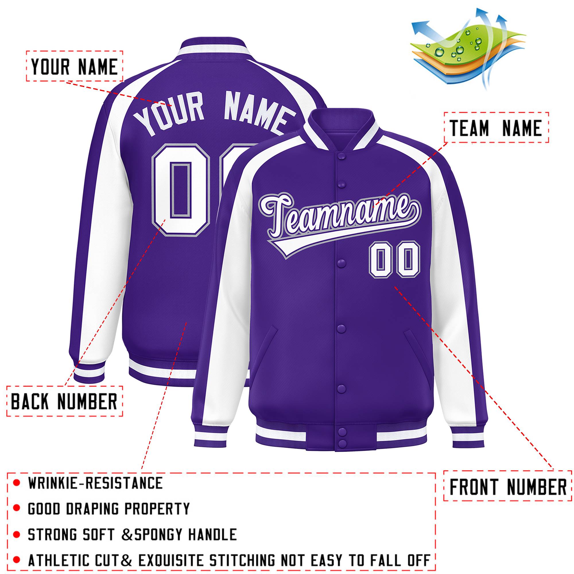 Custom Purple White Varsity Full-Snap Color Block Personalized Raglan Sleeves Letterman Jacket