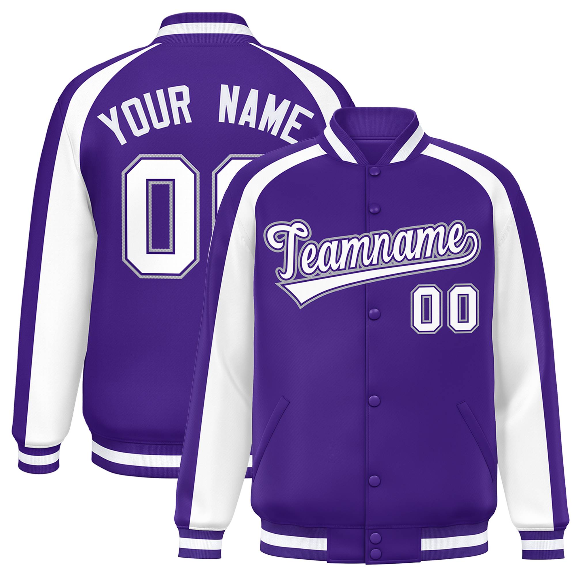 Custom Purple White Varsity Full-Snap Color Block Personalized Raglan Sleeves Letterman Jacket