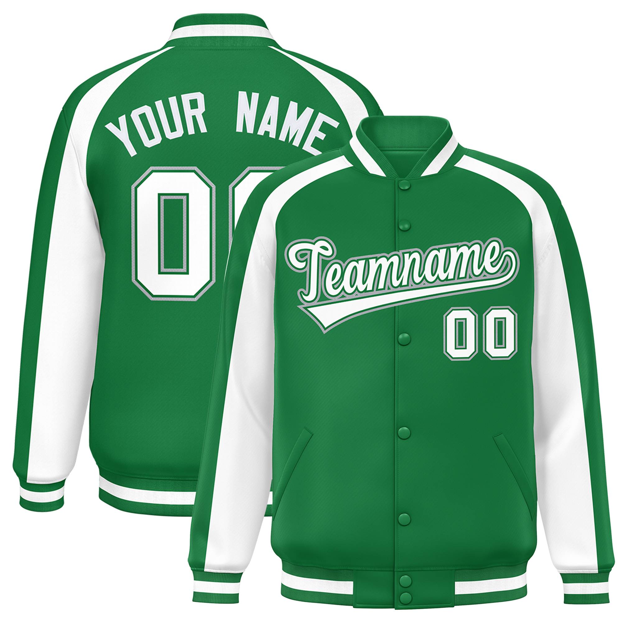 Custom Kelly Green White Varsity Full-Snap Color Block Personalized Raglan Sleeves Letterman Jacket