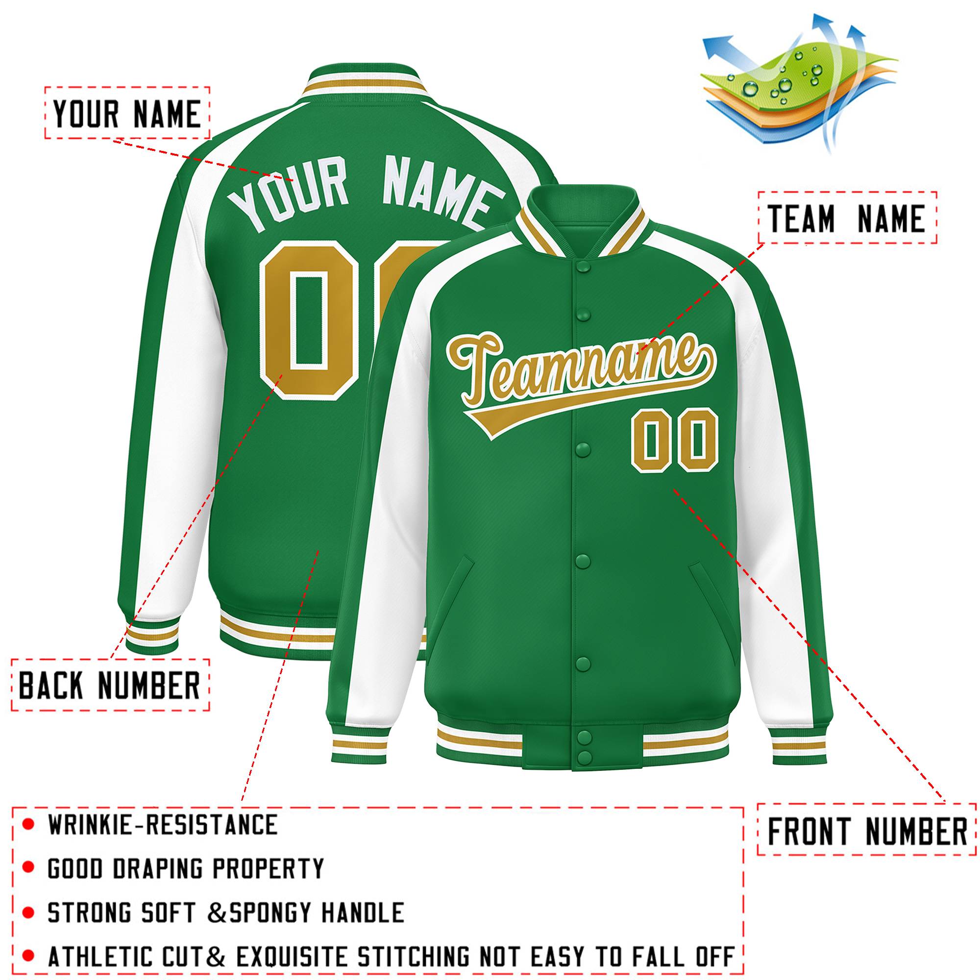 Custom Kelly Green White Varsity Full-Snap Color Block Personalized Raglan Sleeves Letterman Jacket