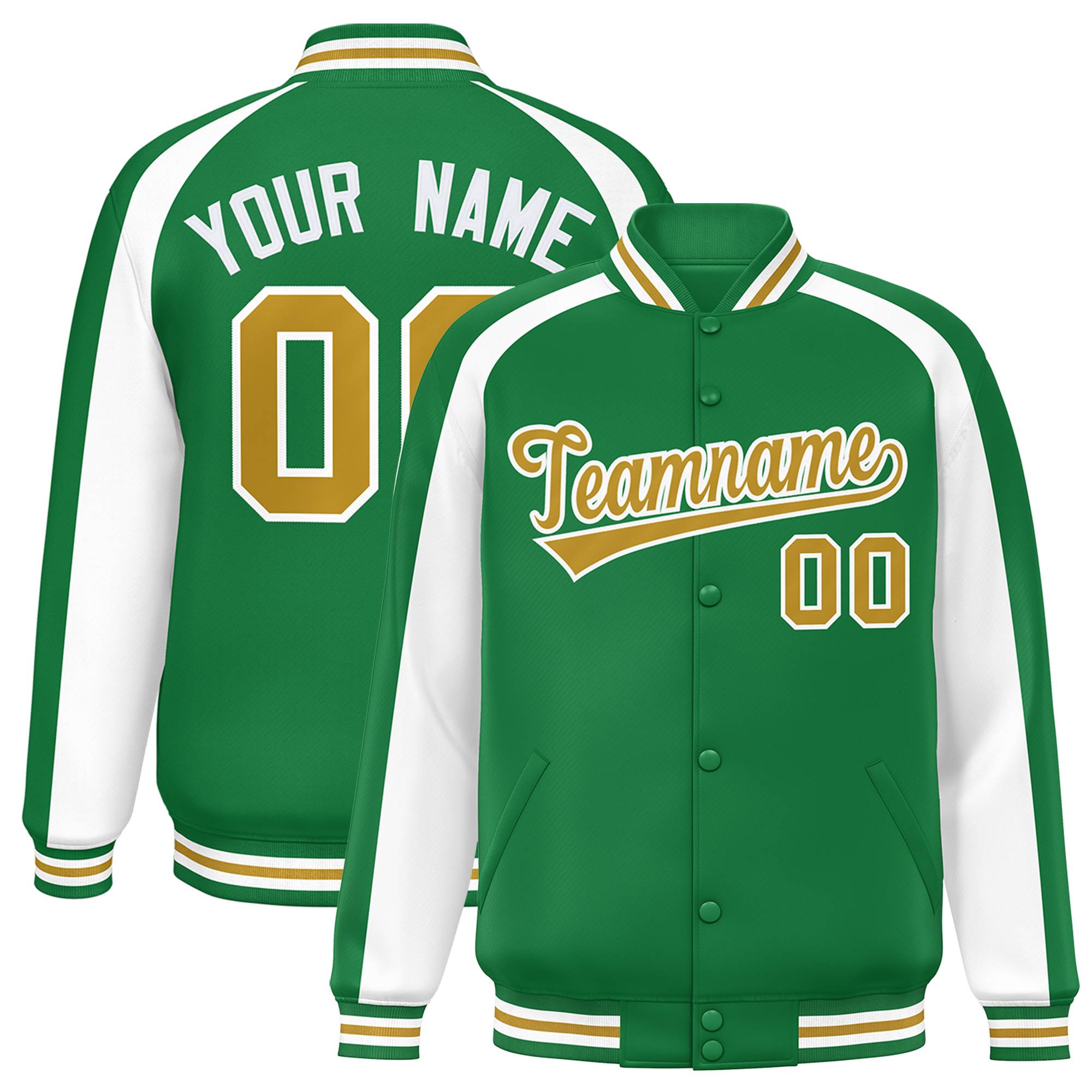 Custom Kelly Green White Varsity Full-Snap Color Block Personalized Raglan Sleeves Letterman Jacket