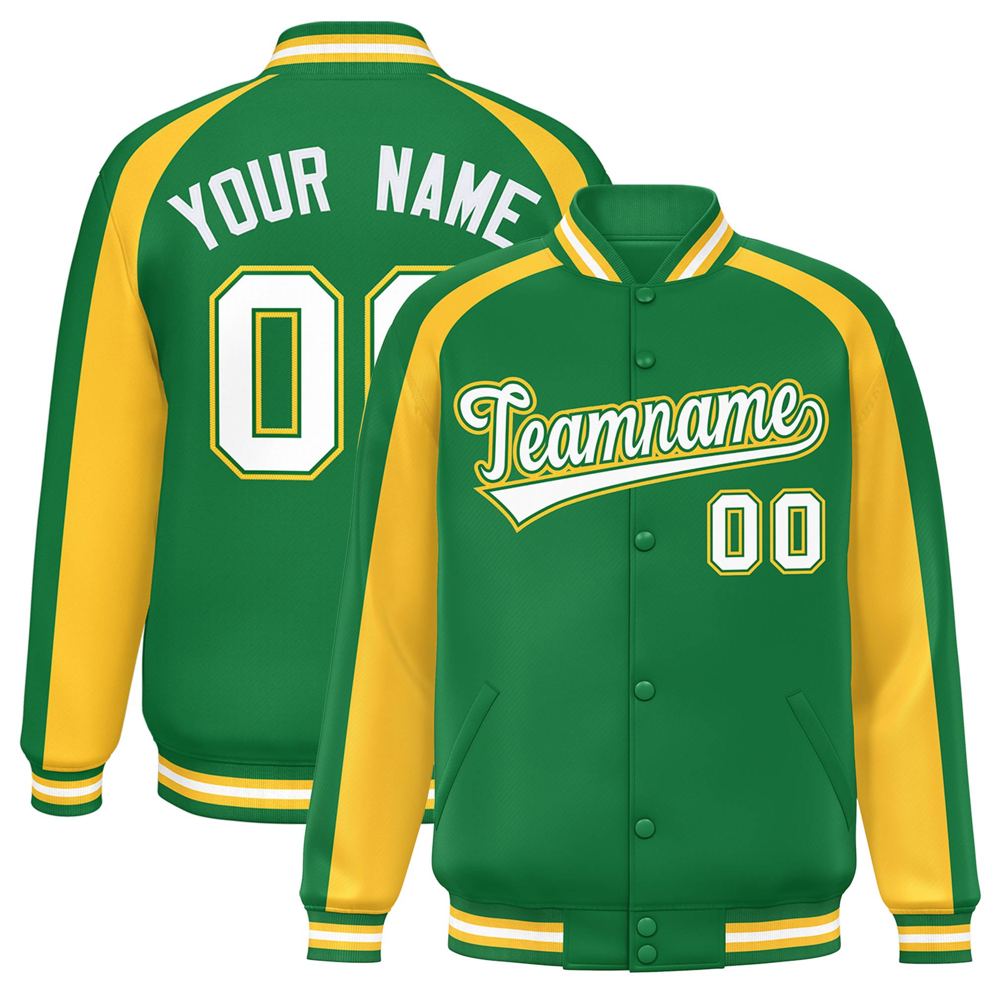 Custom Kelly Green Gold Varsity Full-Snap Color Block Personalized Raglan Sleeves Letterman Jacket