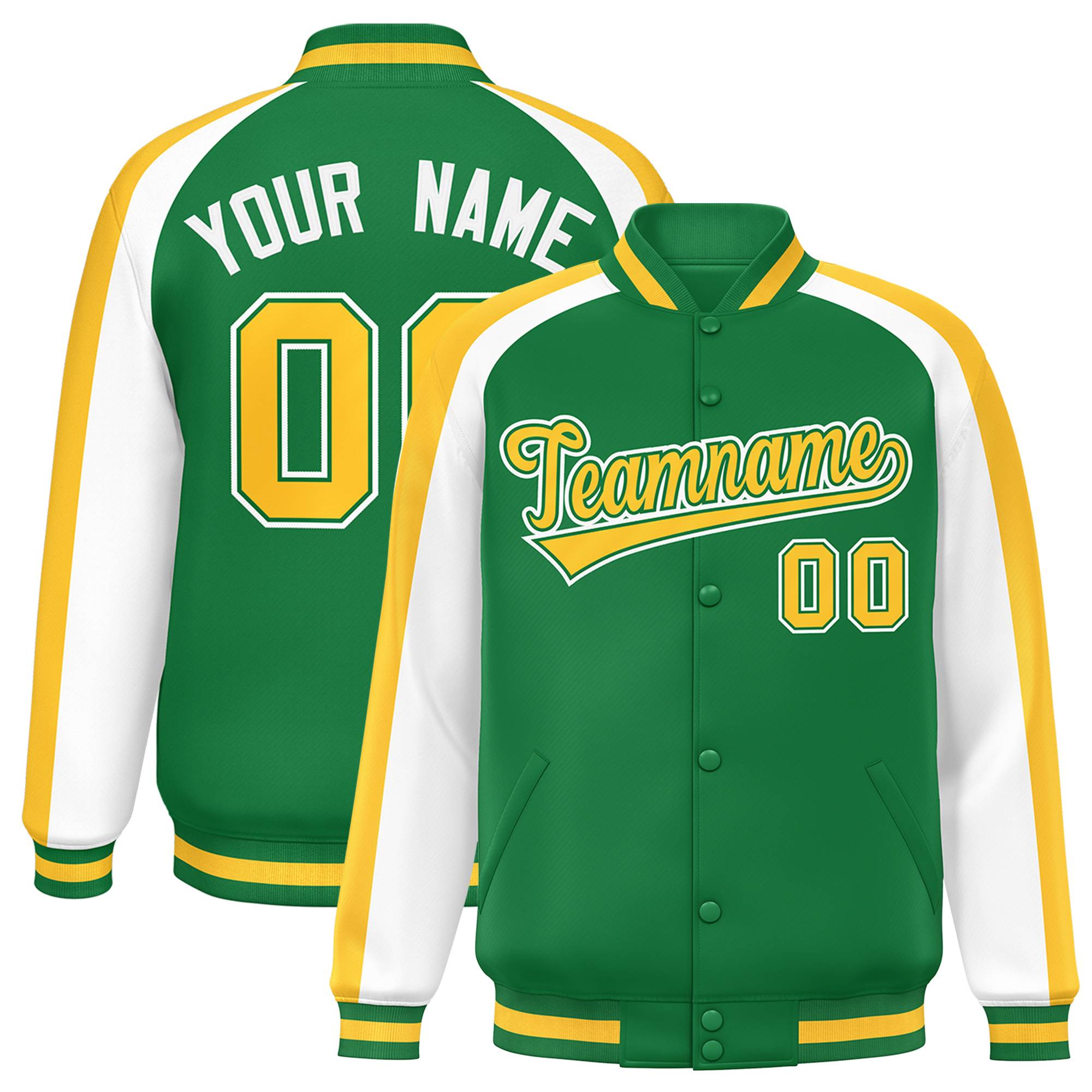 Custom Kelly Green White Varsity Full-Snap Color Block Personalized Raglan Sleeves Letterman Jacket