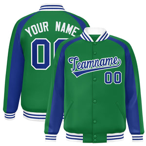 Custom Kelly Green Royal Varsity Full-Snap Color Block Personalized Raglan Sleeves Letterman Jacket