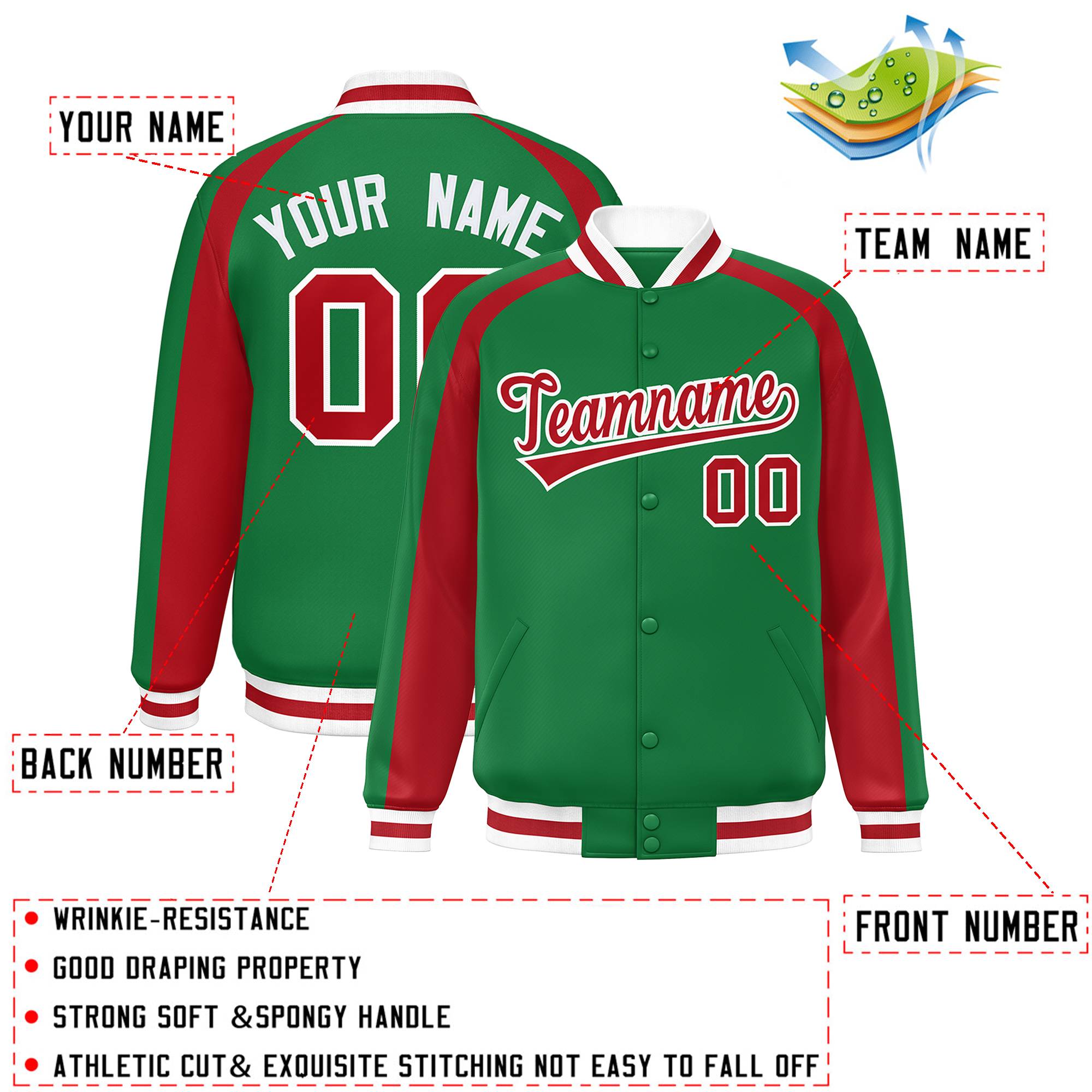 Custom Kelly Green Red Varsity Full-Snap Color Block Personalized Raglan Sleeves Letterman Jacket