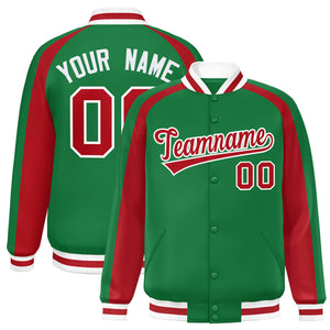 Custom Kelly Green Red Varsity Full-Snap Color Block Personalized Raglan Sleeves Letterman Jacket