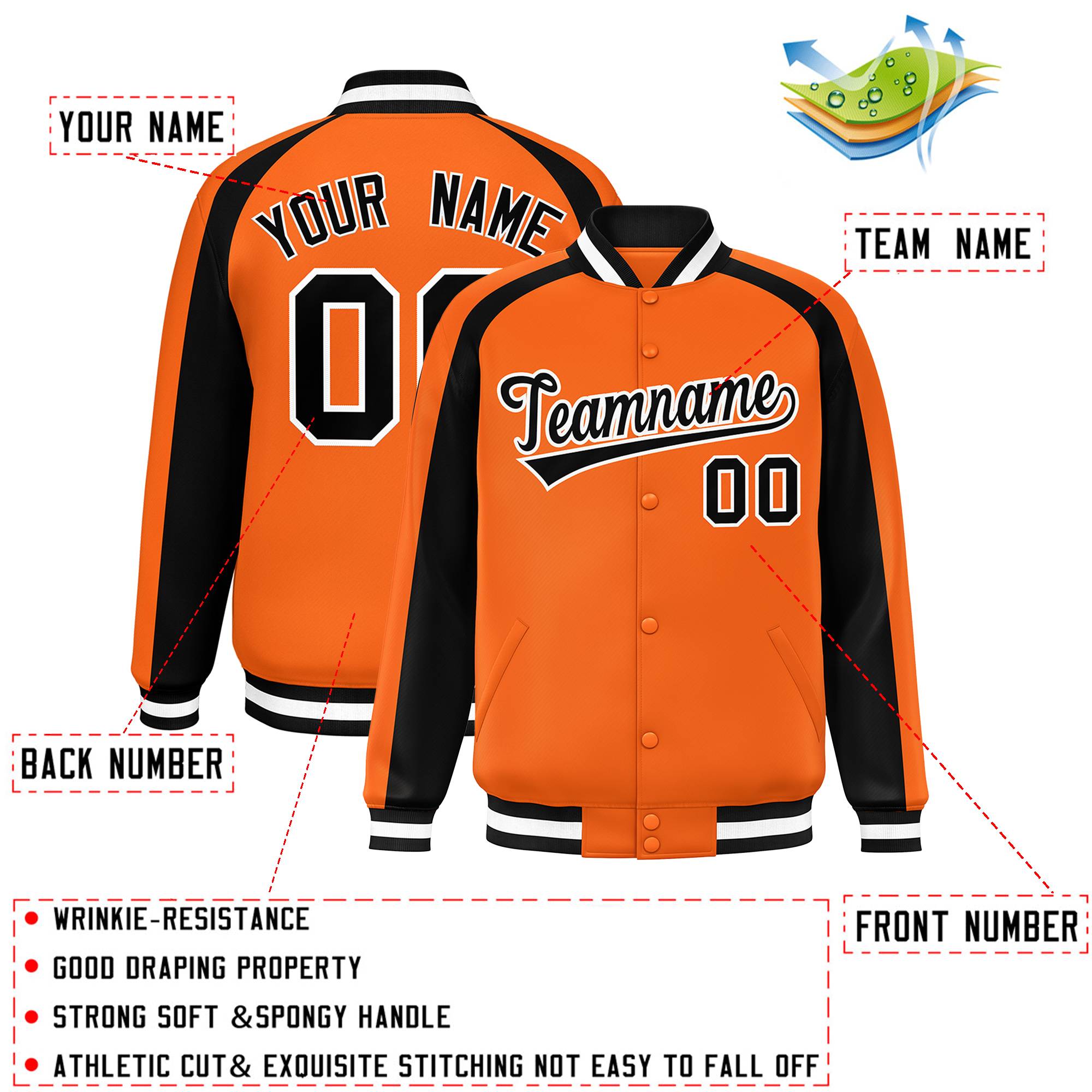 Custom Orange Black Varsity Full-Snap Color Block Personalized Raglan Sleeves Letterman Jacket