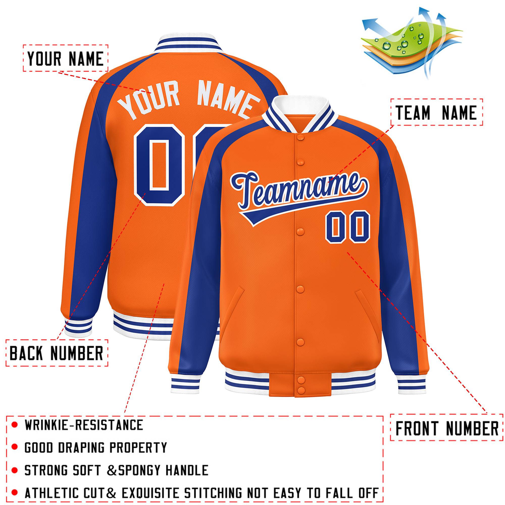 Custom Orange Royal Varsity Full-Snap Color Block Personalized Raglan Sleeves Letterman Jacket